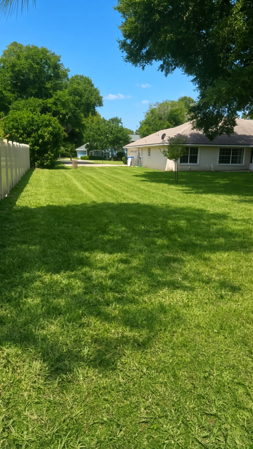 Striped, freshly mowed backyard along a fence
